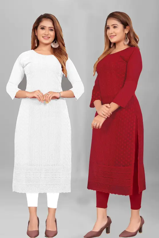 pack of 2 women chikan embroidery georgette straight kurta